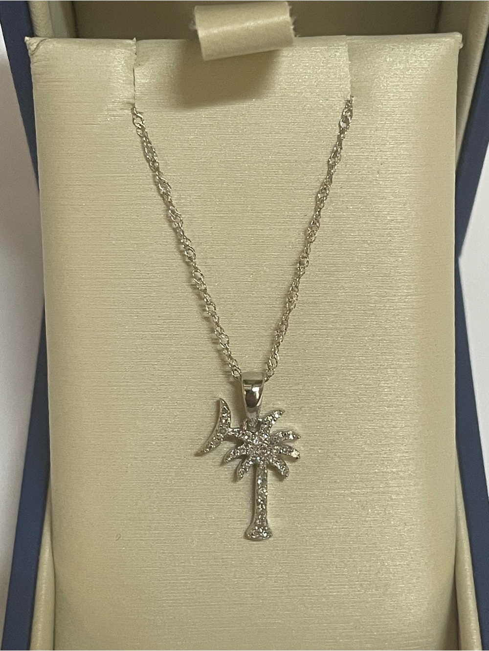 Solid 14K White Gold Palmetto Palm Tree & Crescent Moon Pendant Necklace